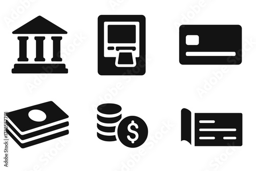 Bank Icon Set. Solid, filled icon set of bank essentials: bank building, ATM machine, vault door, credit card, cash stack, coin pile, checkbook, deposit slip.