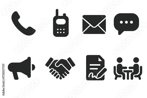 Communication Icons Set. Solid, filled icon set of repo communication: phone, walkie-talkie, email envelope, text message, loudspeaker, handshake, contract