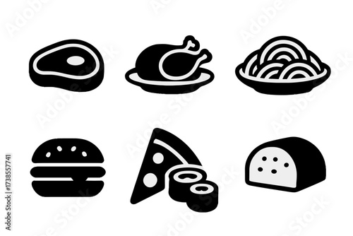 Main Dishes Icon Set. Solid, filled icon set of main dishes: steak, roasted chicken, grilled fish, pasta plate, burger, pizza slice, sushi roll, meatloaf.