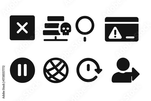 Software Shutdown Icons. Solid, filled icon set of software shutdown: app close, process kill, system halt, error popup, update pause, network disconnect,