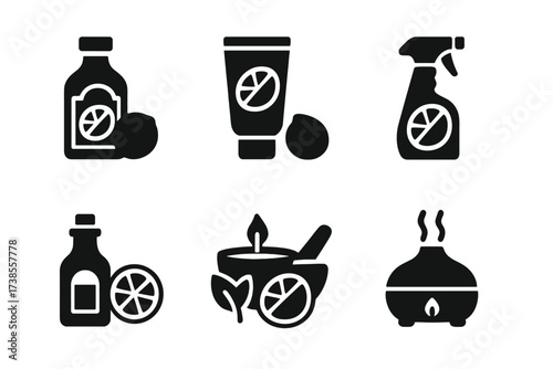 Lime Product Icons. Solid, filled icon set of lime commercial uses: lime oil bottle, cosmetic product, cleaning spray, food flavoring, beverage additive,