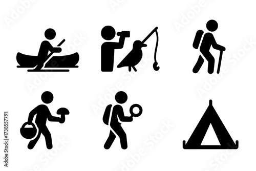 Swamp Activity Icons. Solid, filled icon set of swamp activities: canoeing, bird watching, fishing, hiking, foraging, exploring, photography, camping. Solid,
