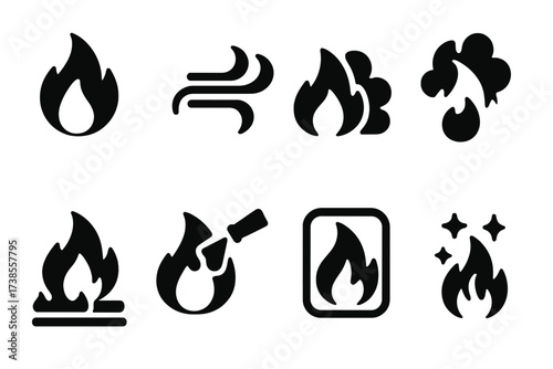 Iconic Flame Interactions. Solid, filled icon set of flame interactions: fire and water, flame and wind, flame and smoke, fire spreading, flame extinguished,