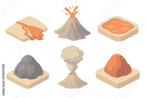 Volcanic Formation Icons. Isometric vector illustration set Volcanic formation process: lava flow cooling crust, volcanic vent