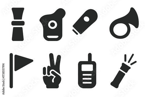 Hunting Call Icon Set. Solid, filled icon set of hunting calls and signals: duck call, turkey call, whistle, horn, signal flag, hand sign, radio, flare. Solid,