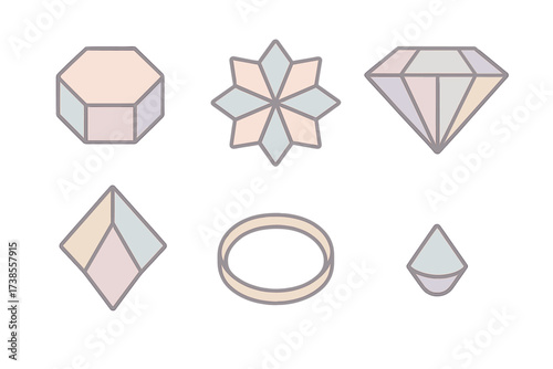 Pastel Gem Faceting Diagram. Isometric vector illustration set Faceting diagram elements: table facet hexagon, crown mains star