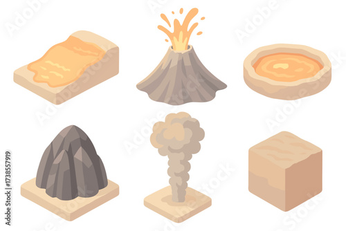 Volcanic Formation Icons. Isometric vector illustration set Volcanic formation process: lava flow cooling crust, volcanic vent