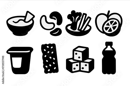 Healthy Snack Icons. Solid, filled icon set of healthy snacks: hummus, nuts, fresh veggies, fruit slices, yogurt cup, granola bar, cheese cubes, water bottle.