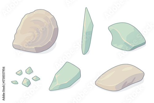 Natural Fracture Patterns. Isometric vector illustration set Natural fracture patterns: conchoidal fracture shell shape, sharp