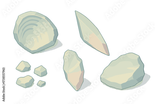 Natural Fracture Patterns. Isometric vector illustration set Natural fracture patterns: conchoidal fracture shell shape, sharp