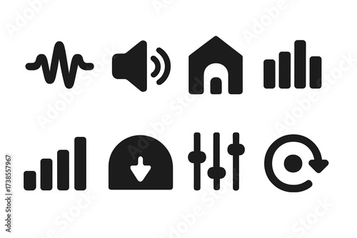 Audio Effects Icons. Solid, filled icon set of drumline sound and effects: sound wave, volume control, reverb, echo, equalizer, bass boost, audio mixer, delay.
