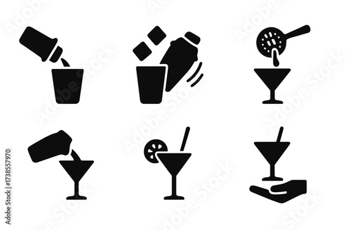 Cocktail Preparation Icons. Solid, filled icon set of shaker cocktail preparation steps: pouring liquid, adding ice, shaking motion, straining, pouring into