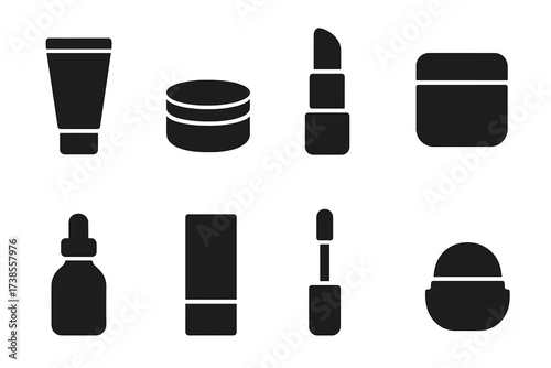 Lip Care Icons. Solid, filled icon set of lip care packaging: tube, pot, stick, jar, bottle, container, box, applicator. Solid, filled icons in only black