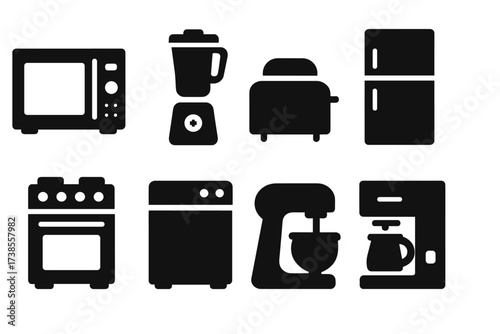 Kitchen Icon Set. Solid, filled icon set of kitchen appliances: microwave, blender, toaster, refrigerator, stove, dishwasher, mixer, coffee maker. Solid,
