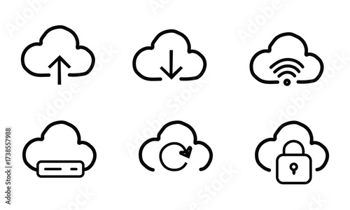 Cloud Computing Icons: A comprehensive set of minimalist, line-drawn cloud computing icons symbolizing data storage, download, upload, security, and connectivity.