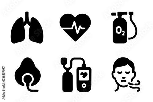 Breathing and Cardio Icons. Solid, filled icon set of breathing and cardio: lungs, heart pulse, breathing mask, oxygen tank, running track, spirometer, pulse