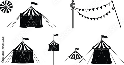 Circus tent vector illustration set, carnival pavilion marquee icons, fairground festival tents, vintage black silhouette design collection