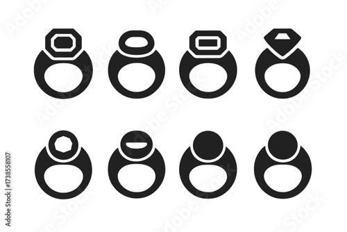 Gemstone Signet Rings. Solid, filled icon set of gemstone signet rings: ruby ring, sapphire ring, emerald ring, diamond ring, amethyst ring, topaz ring, onyx