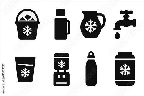 Cold Water Icon Set. Solid, filled icon set of cold water containers: ice bucket, thermos, water jug, cold water tap, water glass, water cooler dispenser,