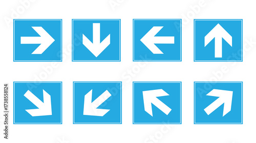 Arrow direction concept: A set of eight stylized arrow icons, each pointing in a different direction, on a square blue background.