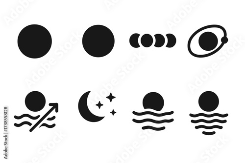 Lunar Influence Icons. Solid, filled icon set of tides and lunar influence: full moon, new moon, moon phases, lunar orbit, gravitational pull, eclipse, starry