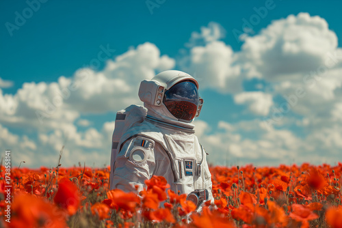 Astronaut standing in a field of red flowers under a bright blue sky. Concept of exploration and surreal beauty.