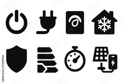 Energy Conservation Icons. Solid, filled icon set of energy conservation: power button, unplugged plug, dimmer switch, insulated house, green shield, low