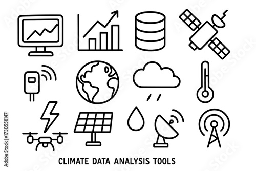 Climate Analysis Tools Icons. Hand-drawn doodle illustration Climate data analysis tools computer, graph, database, satellite, sensor, globe, cloud,