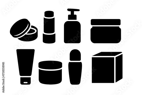 Balm Packaging Icons. Solid, filled icon set of balm packaging: tin container, stick tube, pump bottle, glass jar, squeeze tube, plastic pot, roll-on bottle,