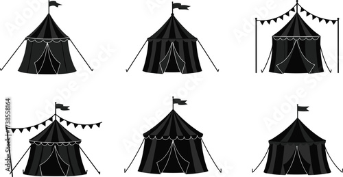 Black carnival circus tent collection, vintage marquee pavilion illustration, retro festival fairground tent icons, silhouette carnival design set
