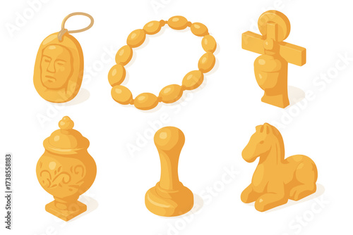 Historical Amber Artifacts. Isometric vector illustration set Historical amber artifacts: carved amber amulet, ancient amber bead