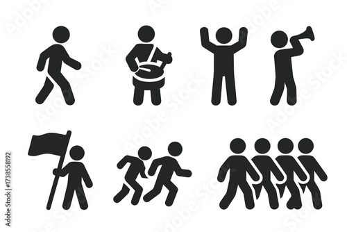Battle Rhythm Icons. Solid, filled icon set of battle rhythm actions: marching, drumming, chanting, signaling, rallying, beating drum, flag