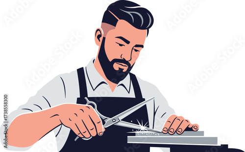 Vector art of barber sharpens scissors