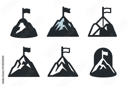 Summit Flag Logos. reaching the summit. Set Logo of reaching the summit: flag on summit rock. harmonious logo variations of the same emblematic concept, each