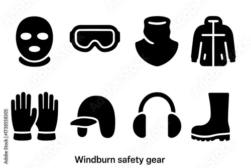 Windburn Safety Gear Icons. Solid, filled icon set of windburn safety gear: face mask, goggles, neck gaiter, insulated jacket, thermal gloves, windproof hat,