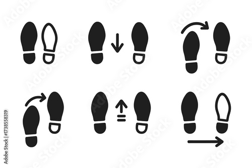Dance Step Icons. Solid, filled icon set of dance step instructions: step forward, step backward, step side, pivot, turn right, turn left, jump, slide. Solid,