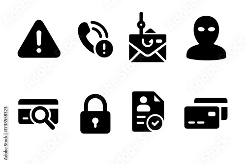 Credit Fraud Icons. Solid, filled icon set of credit fraud: warning alert, scam call, phishing mail, identity theft, suspicious activity, lock icon, fraud