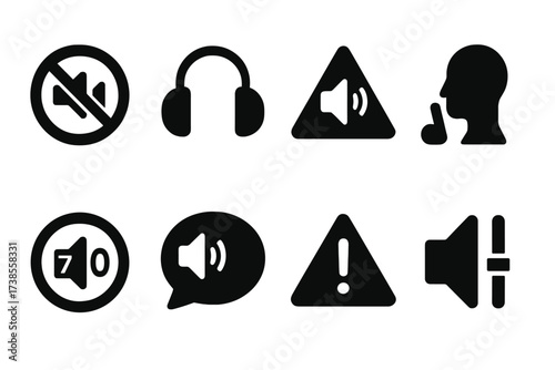 Noise Warning Icons. Solid, filled icon set of noise warning signs: no noise zone, ear protection required, sound hazard, quiet please, noise level limit,