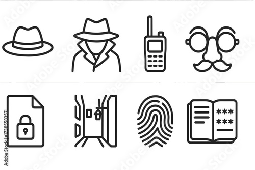 Spy Icon Set. Outline icon set of spy and espionage: spy hat, trench coat, walkie-talkie, disguise glasses, secret file, dark alley, fingerprint, codebook.