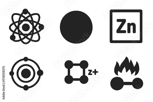 Zinc Chemistry Icons. Solid, filled icon set of zinc chemical properties: atomic structure, zinc atom, ion Zn2+, periodic table symbol, electron shell,