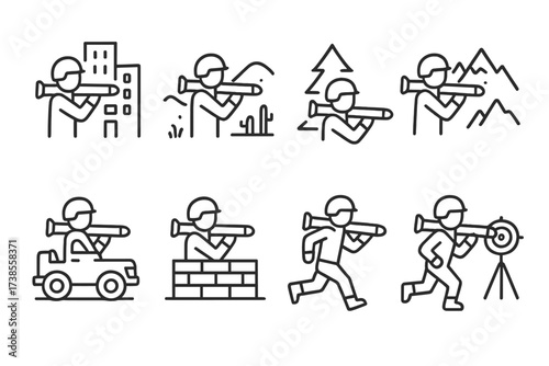 Bazooka Icon Set. Outline icon set of bazooka launch environments: urban warfare, desert combat, forest ambush, mountain operations, vehicle