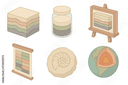 Geology Teaching Tools. Isometric vector illustration set Teaching geology visuals: rock layer diagram chart, sediment jar