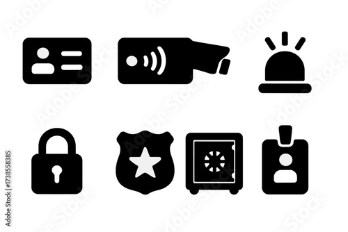 Office Security Icons. Solid, filled icon set of office security: ID card, keycard, CCTV camera, alarm, lock, security badge, safe, visitor pass. [Solid,