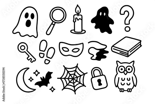 Ghostly Investigation Icons. Hand-drawn doodle illustration supernatural mystery ghost, magnifying glass, candle, shadow, question mark, footprints, mask, key,