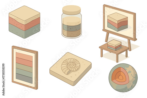 Geology Teaching Tools. Isometric vector illustration set Teaching geology visuals: rock layer diagram chart, sediment jar