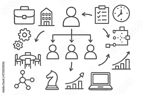 Business Hierarchy Chart. Hand-drawn doodle illustration organizational structure hierarchy chart, person icons, arrows, nodes, flowchart, briefcase, office