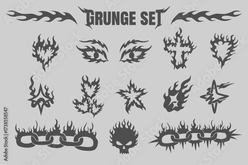 Grunge flame shaped style tattoo set element design Y2k style