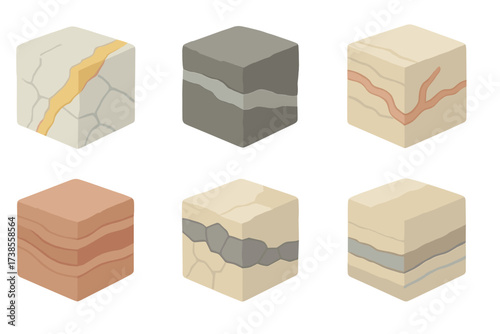 Mineral Vein Cross-Sections. Isometric vector illustration set Mineral vein cross-sections: gold vein in quartz rock, silver