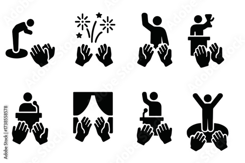 Applause Icon Set. Solid, filled icon set of applause stages: opening act, finale, encore, award acceptance, speech ending, curtain call, presentation close,