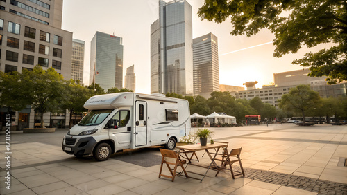 Camper van parked in modern city square with skyscrapers and outdoor seating during sunset perfect for travel lifestyle, tourism advertising, urban camping and vacation mobility concepts